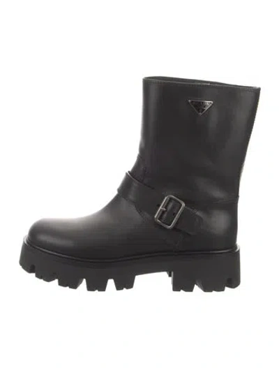 Pre-owned Prada Leather Moto Boots In Black