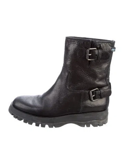 Pre-owned Prada Leather Moto Boots In Black