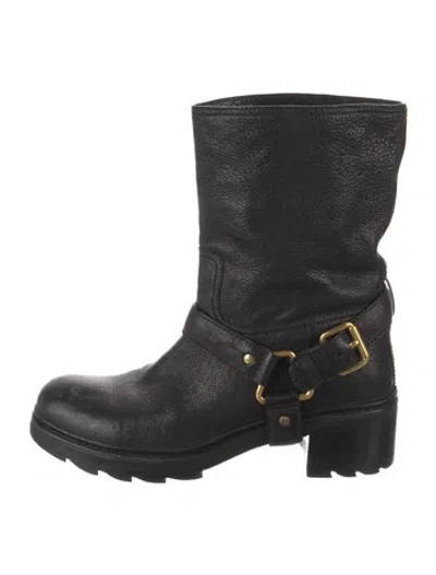 Pre-owned Prada Leather Moto Boots In Black