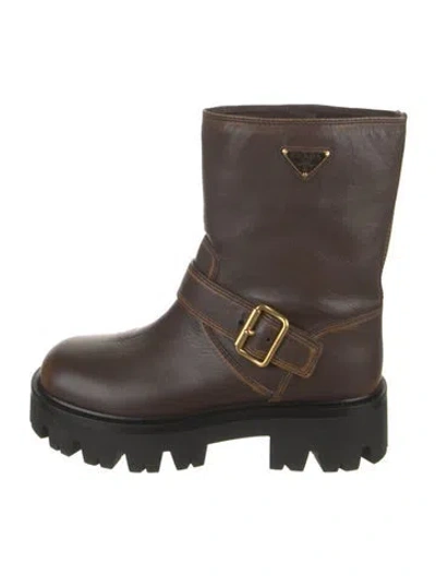 Pre-owned Prada Leather Moto Boots In Brown