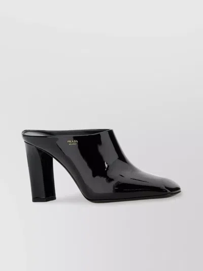 Prada Leather Mules With Block Heel And Pointed Toe In Black