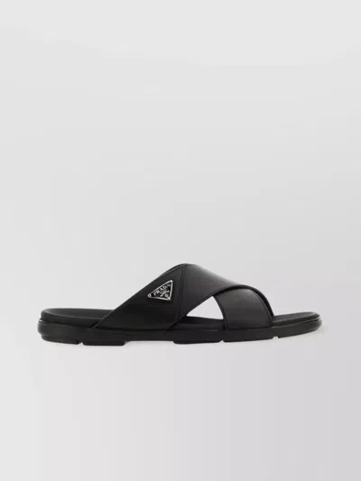 Prada Leather Open Toe Slides In Black