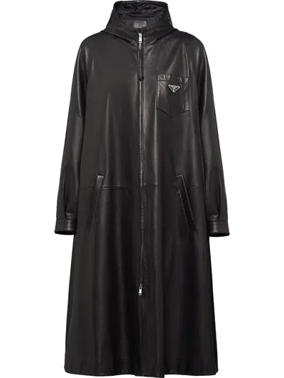 Prada Leather Oversized Trench Coat In Black