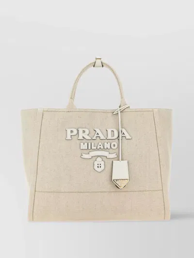 Prada Leather Patch Canvas Bag In Neutral