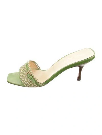 Pre-owned Prada Leather Patterned Slides In Green/neutrals