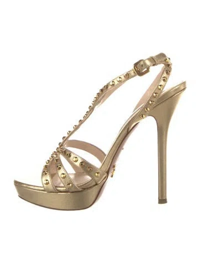 Pre-owned Prada Leather Patterned T-strap Pumps In Gold