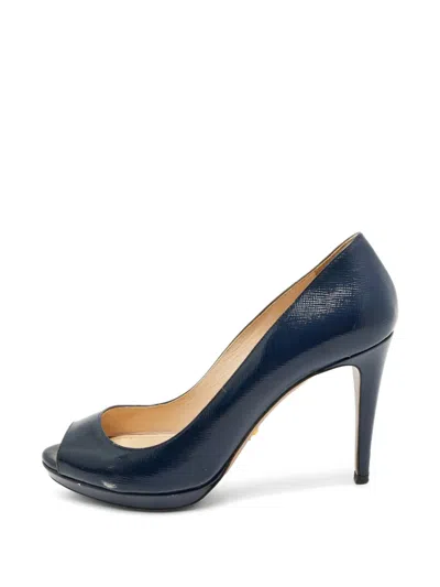 Pre-owned Prada Leather Peep-toe Heeled Pumps In Blue