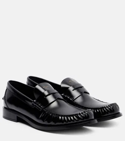 Prada Round Toe Leather Loafers With Shiny Finish In Black