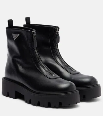 Prada Leather Platform Ankle Boots In Black