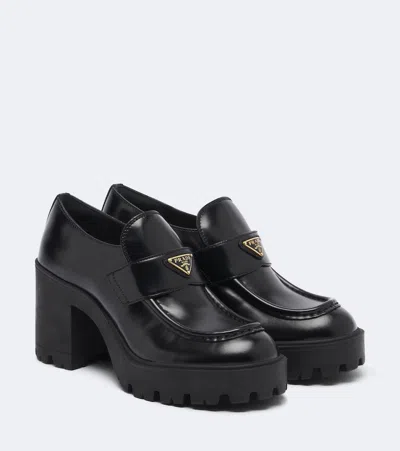 Prada Leather Mules Chunky Heel Closed Toe In Black
