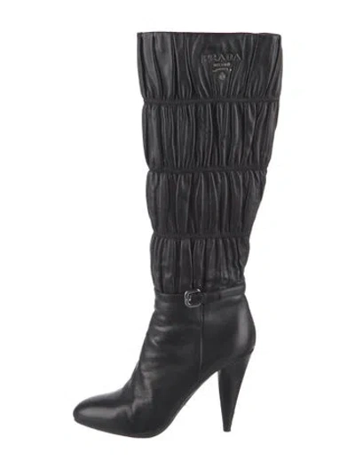 Pre-owned Prada Leather Pleated Accents Boots In Black