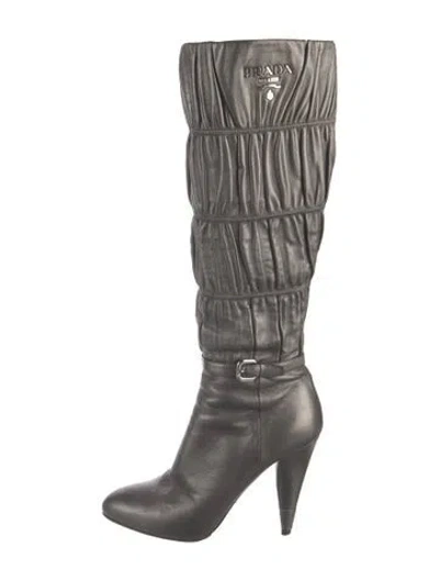 Pre-owned Prada Leather Pleated Accents Boots In Neutrals