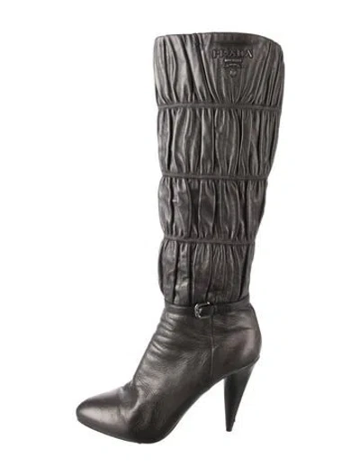 Pre-owned Prada Leather Pleated Accents Boots In Neutrals