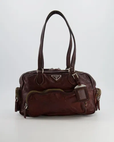 Prada Leather Pocket Shoulder Bag With Logo In Burgundy