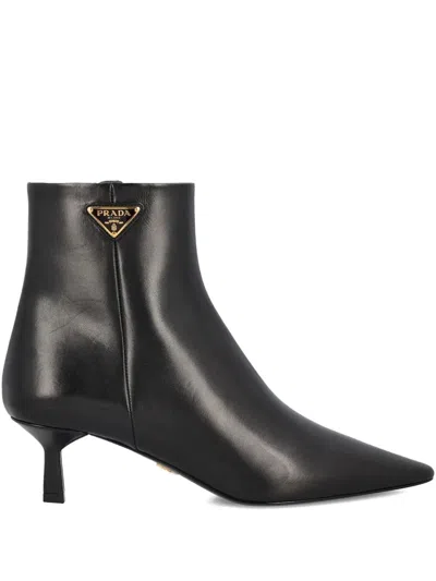 Prada Leather Pointed Ankle Boots In Black