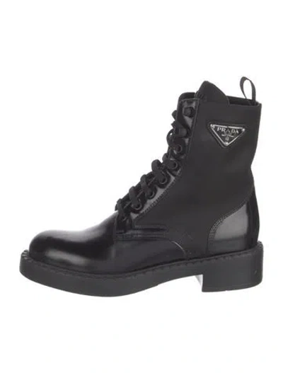 Pre-owned Prada Leather Printed Combat Boots In Black