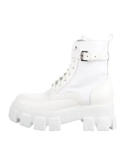 Pre-owned Prada Leather Printed Combat Boots In White