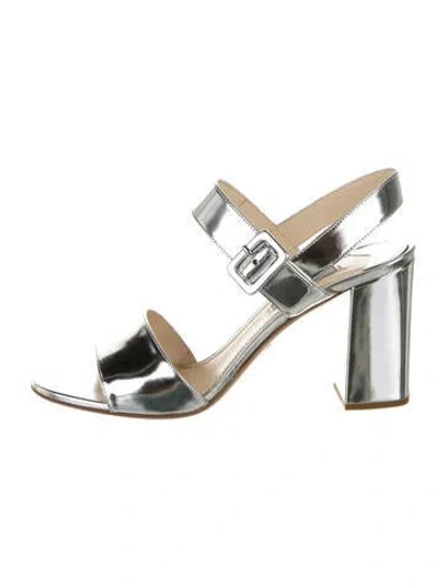 Pre-owned Prada Leather Printed Sandals In Metallic/silver