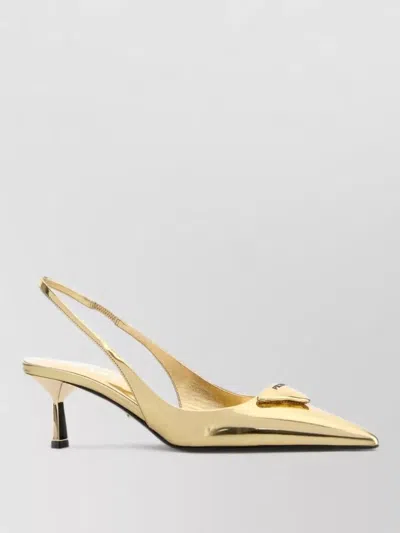 Prada Leather Pumps Pointed Toe Kitten Heel Metallic In Gold