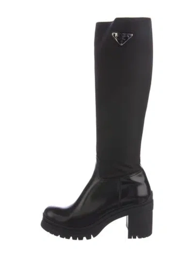 Pre-owned Prada Leather Rain Boots W/ Tags In Black
