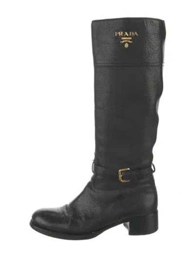 Pre-owned Prada Leather Riding Boots In Black
