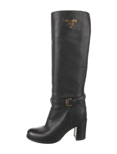 Pre-owned Prada Leather Riding Boots In Black