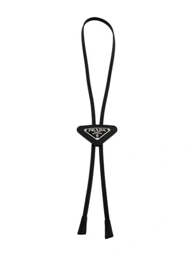 Pre-owned Prada Leather Saffiano Bolo Tie Necklace, 35" In Black