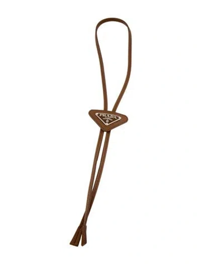Pre-owned Prada Leather Saffiano Bolo Tie Necklace, 35" In Brown