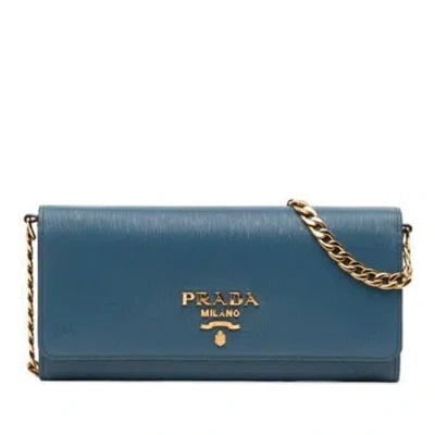 Pre-owned Prada Leather Saffiano Wallet On Chain In Blue