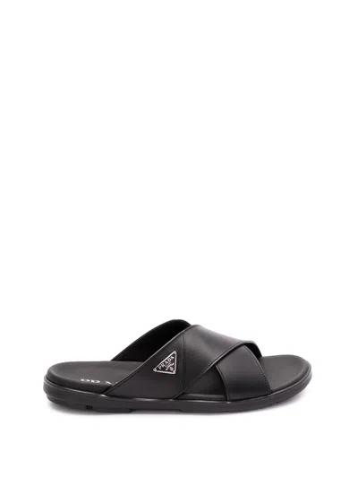 PRADA LEATHER CRISSCROSS SANDALS