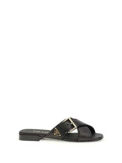 Prada Leather Crisscross Slides With Buckle Shoes In Black