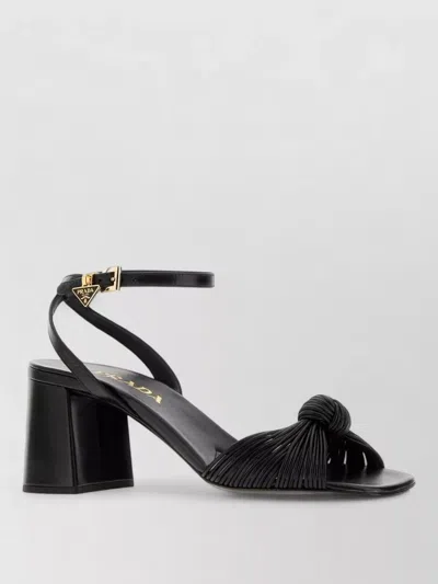 Prada Leather Sandals Block Heel Open Toe In Black