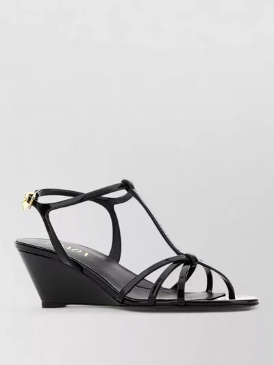 Prada Leather Sandals Wedge Heel Open Toe In Black