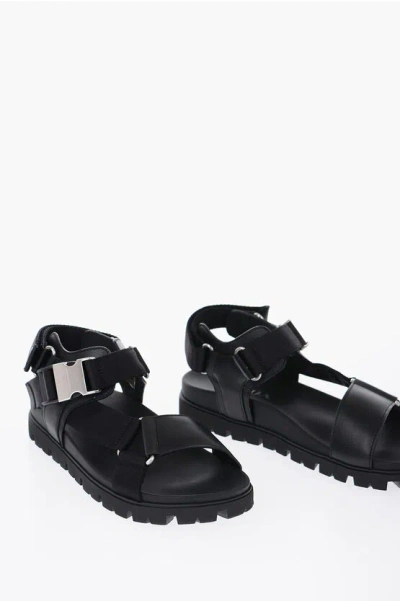 Prada Leather And Woven Tape Sandals In Black