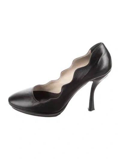 Pre-owned Prada Leather Scalloped Accent Pumps In Black