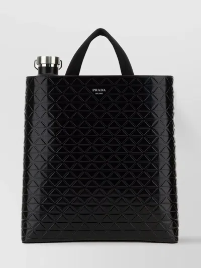 Prada Leather Shopping Bag With Detachable Water Bottle In Nero
