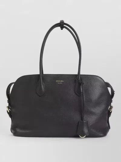 Prada Leather Shopping Tote Bag Detachable Strap In Black