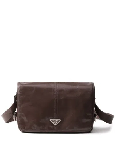 Prada Mens Grey Branded-plaque Patent-leather Shoulder Bag In Bamboo Gray