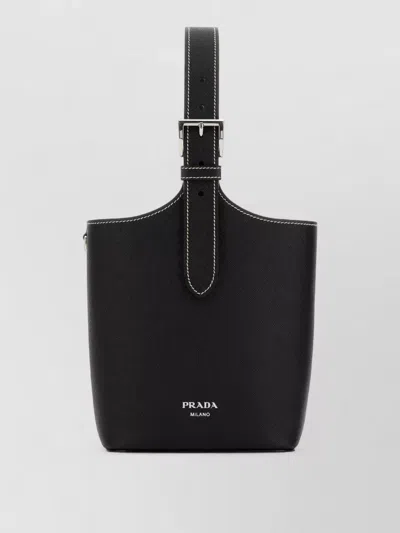 Prada Leather Shoulder Bag Contrast Stitching Handle In Black