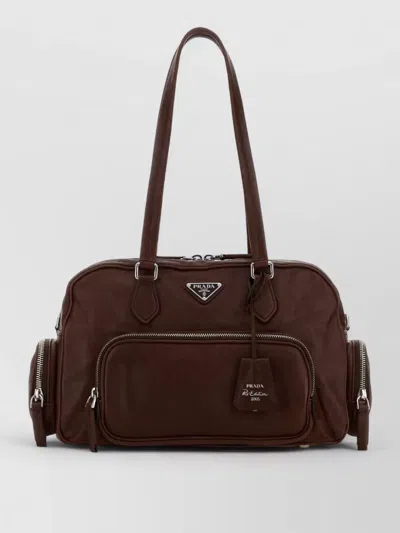 Prada Leather Shoulder Bag Detachable Tag Zip Pockets In Brown