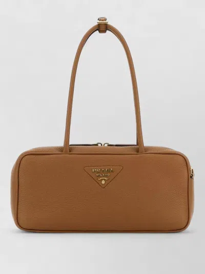 Prada Leather Shoulder Bag Double Handles Rectangular In Brown