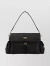 Prada Leather Shoulder Bag With Buckle And Pockets In Black