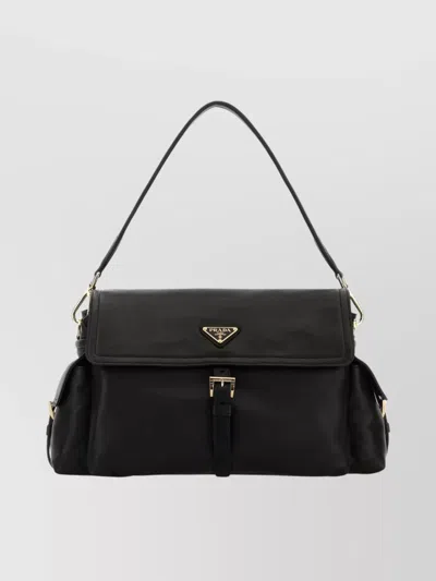 PRADA LEATHER SHOULDER BAG WITH BUCKLE AND POCKETS