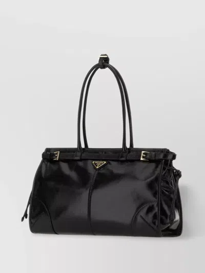Prada Leather Shoulder Bag With Metal Hardware And Top Handle In Black