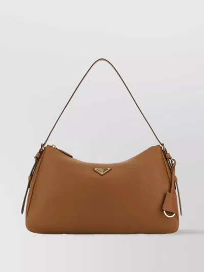 Prada Leather Shoulder Bag With Strap And Keychain In Metallic