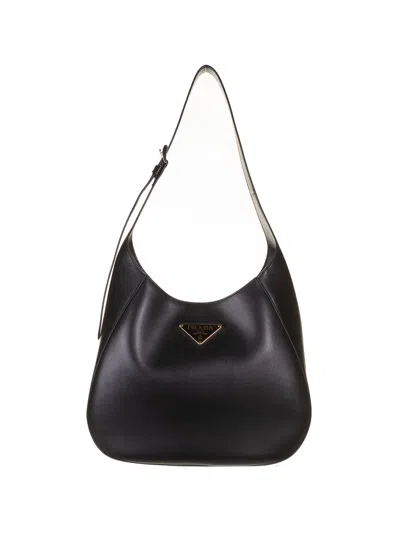 Prada Leather Shoulder Bag With Triangle Logo In Nero