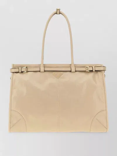 Prada Leather Shoulder Tote Bag Buckle Detail In Brown