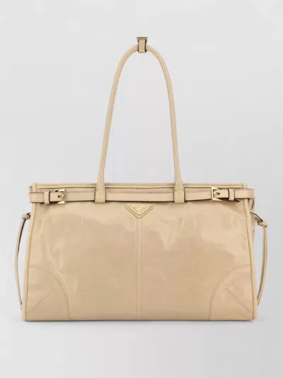 Prada Leather Shoulder Tote Bag Buckle Strap Handles In Brown