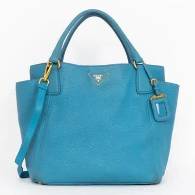 Pre-owned Prada Leather Side Pocket Tote In Blue