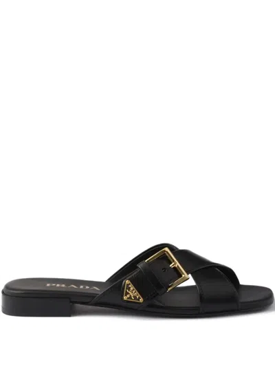 Prada Leather Slider Sandals In Black